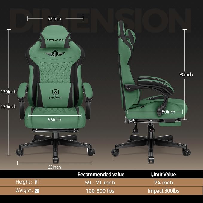 GTPLAYER Gaming Chair with Footrest, Big and Tall Game Chair High Back Computer Office Chair with Lumbar Support for Adults, Ergonomic Swivel Games Chair with Cushion Gaming, Fabric Green
