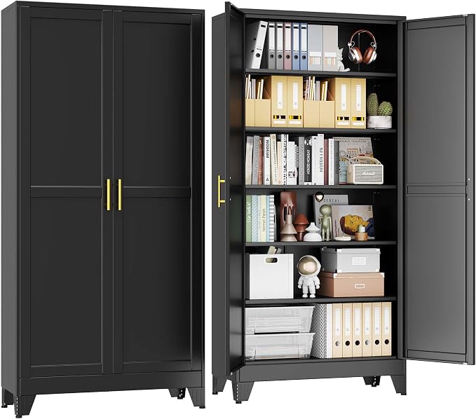 pozdeg 75" Tall Metal Storage Cabinet with 2 Doors & 5 Adjustable Shelves, Widen Steel File Cabinet Multipurpose Organizer for Home Office Garage (Black)