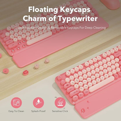 Wireless Keyboard and Mouse Combo, Cute Full-Size Retro Typewriter Keyboard with Round Keycaps, Magnetic Wrist Rest, Tilt Legs, 2.4GHz Cordless for Mac, Windows PC, Laptop, SABLUTE CK23, Baby Pink