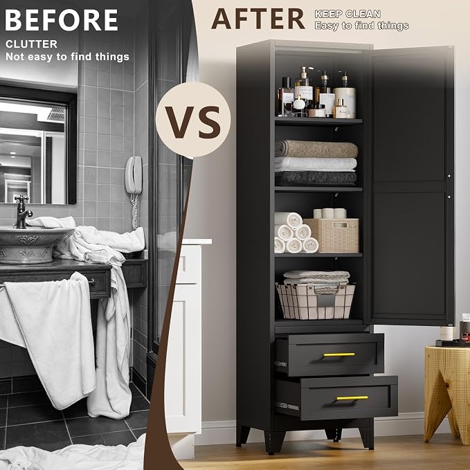 67" Tall Narrow Metal Storage Cabinet, Freestanding Pantry Organizer, Black | Slim Bathroom Cabinets with 2 Drawers & 3 Adjustable Shelves, Multi-Use Cupboard for Kitchen Office Living＆ Dining Room