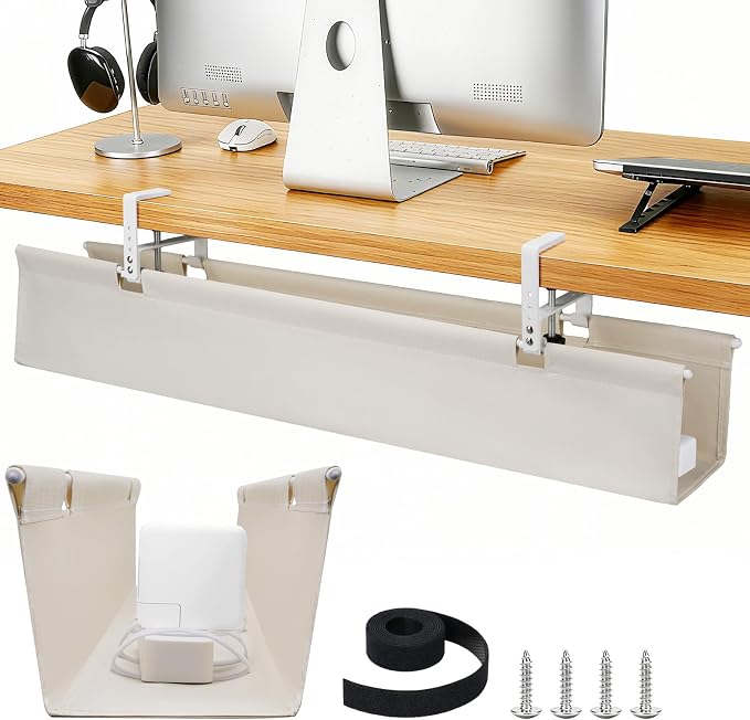 SHUWEI 48" Under Desk Cable Management Tray, Premium Fabric Cable Management for Desk, Clamp/Screw Mount Cable Tray for Office and Home, Off White