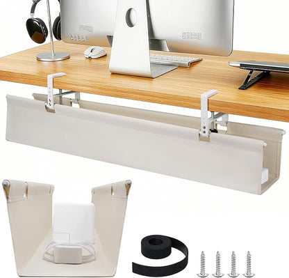 SHUWEI 48" Under Desk Cable Management Tray, Premium Fabric Cable Management for Desk, Clamp/Screw Mount Cable Tray for Office and Home, Off White