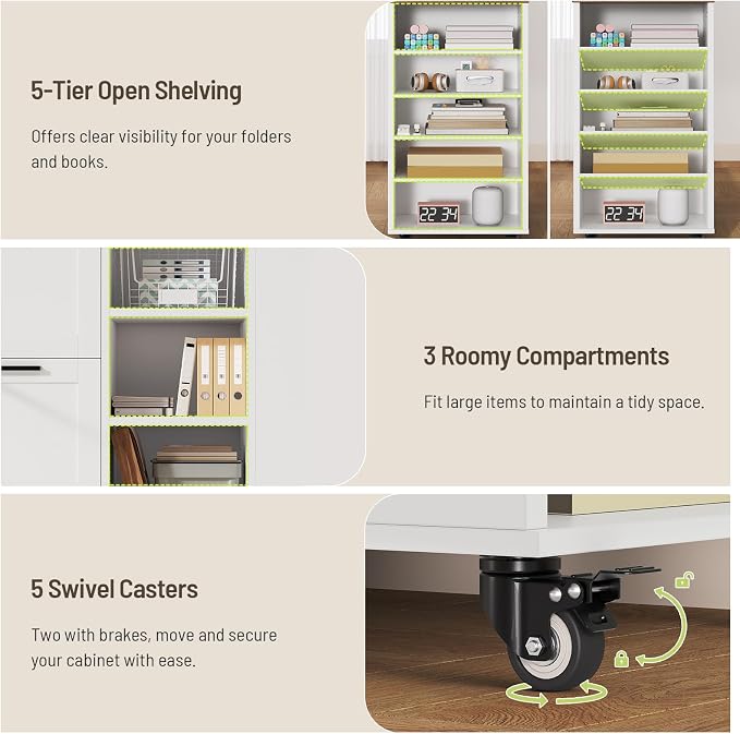 Lateral File Cabinet, 2 Drawers Mobile Filing Cabinet for Home Office, Printer Stand with Adjustable Open Shelves, with Locking Casters, fit Legal/Letter/A4 Files, Walnut and White