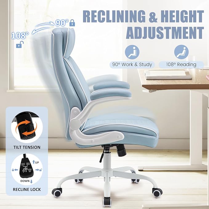 Executive Office Chair with High Back, Computer Desk Chair with Lumbar Support,Comfortable Leather Home Office Chairs 400lbs with Padded Flip-up Armrests, Adjustable Height,Tilting, LightBlue