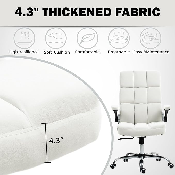 ECOTOUGE Executive Office Chair, Velvet Ergonomic Comfy Desk Chair, High Back Computer Chair with Adjustable Tilt Angle and Flip-up Arms, Beige, Without Footrest
