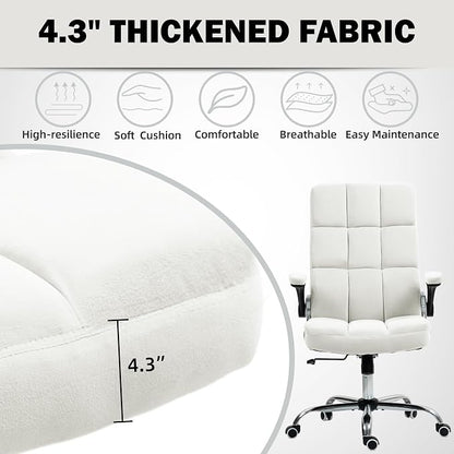 ECOTOUGE Executive Office Chair, Velvet Ergonomic Comfy Desk Chair, High Back Computer Chair with Adjustable Tilt Angle and Flip-up Arms, Beige, Without Footrest