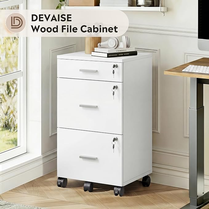 DEVAISE 3 Drawer File Cabinet with Lock & Wheels, Wood Printer Stand, Mobile Filing cabinets for Home Office, Fits Letter/A4 Size, White