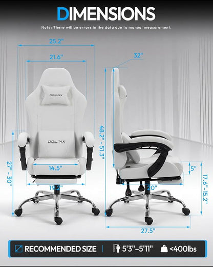 Dowinx Ergonomic Gaming Chair with Footrest & Massage Lumbar, 2D-Linkage Armrests for Computer Chair 330lbs with Headrest Pillow for Office, Home, Streaming and Long Gaming Sessions, Fabric Pure White