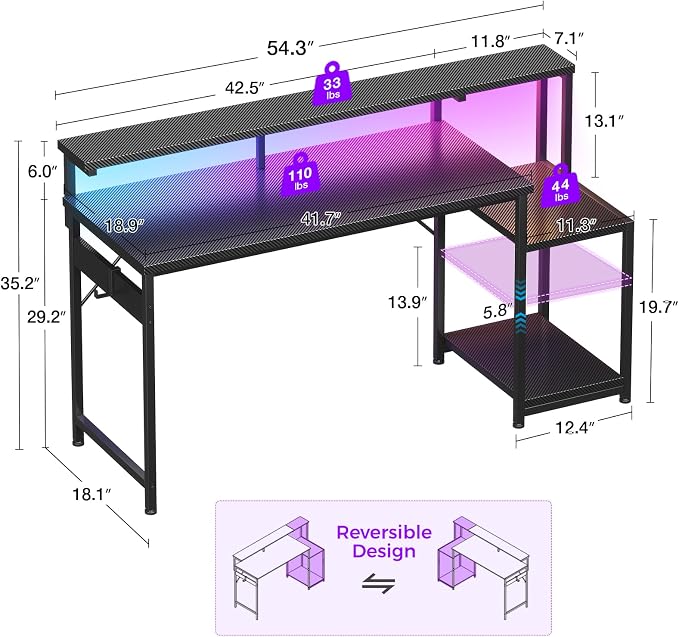 AODK 55 Inch Gaming Desk with LED Lights, Computer Desk with Storage Shelves, Reversible Desk with Monitor Stand, Carbon Fiber Black