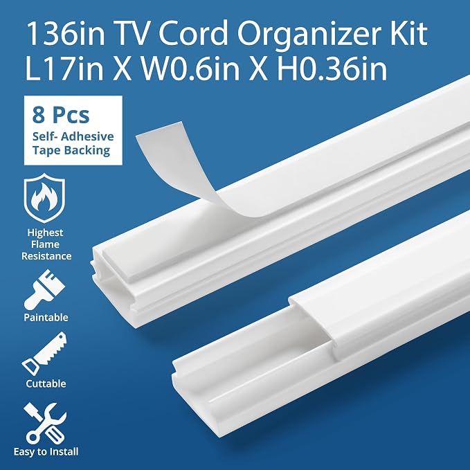 136in Cord Hider for Wall Mount TV, White Wire Covers for 1 Mini Cords, YCLYC 8Pack Cable Hider Kit, Paintable Power Wall Cord Cover, Wire Hiders for TV on Wall Cable Raceway - L17in W0.6in H0.36in