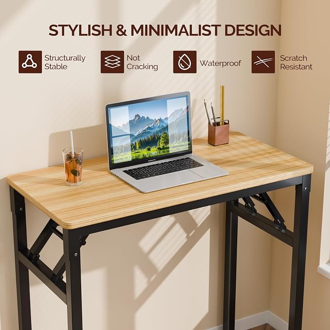 VINGLI Small Computer Desk No Assembly Required, Folding Desk As Writing Table, Dining Table and Workbench, Foldable Desk for Small Space & Home Office (31.5, Teak & Black Frame)