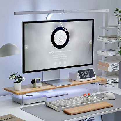 Bamboo Monitor Stand Riser with RGB Lights,31.5 Inches Desktop Shelf with Acrylic Legs Supports for Desk, PC Computer Monitor, Laptops, Printer, Speakers (Natural)
