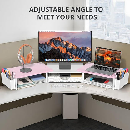 OPNICE Desk Organizers and Accessories, Dual Monitor Stand Riser with Drawer and 2 Pen Holders, Desk Shelf Wood Computer Racks for Office Workspace Organizers, Desktop Organization (Pink-White Wood)