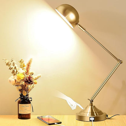 TOBUSA Architect Gold Desk Lamp Dimmable with USB Port, Adjustable Touch Control Vintage Desk Lamp 3 Color Modes, Brass Metal Desk Lamp Retro Style Reading Light for Home Office Desk Bedside Table