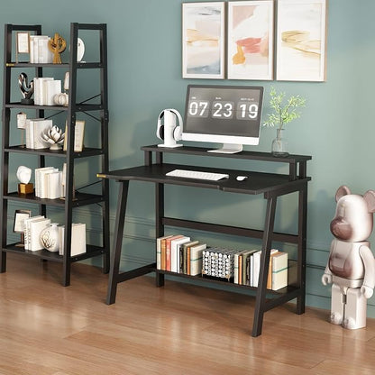 31.5 Inch Small Desk, Small Computer Desk for Small Spaces, Modern Writing Table with Monitor Storage Shelf, Compact Laptop Desk for Home Office and Study, Black