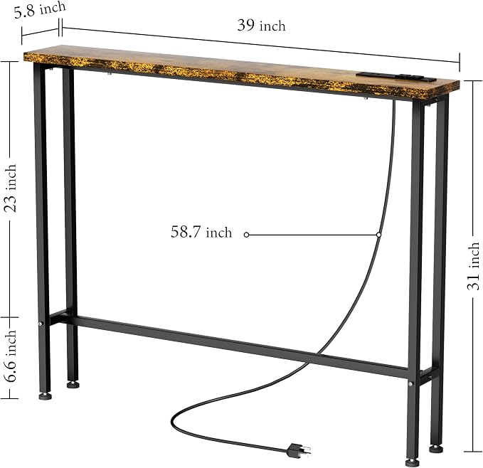 Keelian 39" Sofa Table Narrow Long with Power Outlets & 2 USB Ports, Metal Frame Behind Couch Table Behind Sofa Perfect for Hallway, Living Room, Entrance Easy Assembly, 4.9' Extension Cord Included