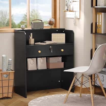 OmySalon Reception Desk with Counter, Small Front Checkout Desk w/Lockable Drawer, Wooden Modern Reception Table for Salon Lobby Office Home (Black, 32)