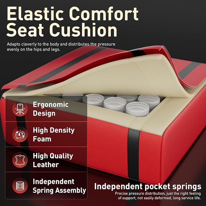 HLDIRECT Gaming Chair, Ergonomic Video Game Seat with 360° Swivel & Lumbar Massage for Adults Home/Office Use, Computer Chair PU Leather Cushion (Black & Red)