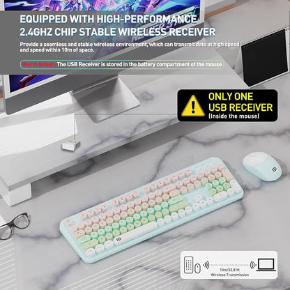 Wireless Keyboards Mouse Combos, Colorful Cute Typewriter Full-Size Retro Round Keycaps, 2.4GHz Cordless Sleep Mode Office Quiet Wireless Keyboard and Mouse Set for Desktop Laptop PC Computer