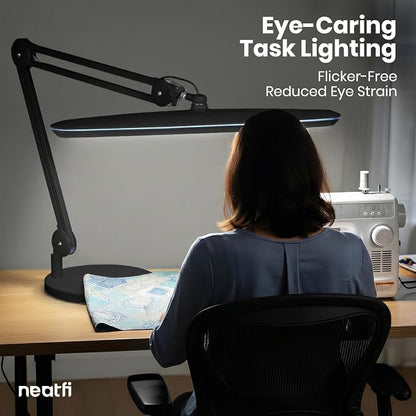 Neatfi XL 24W LED Desk Lamp – 2,200 Lumens | 23” Wide Shade | Dimmable Eye-Caring Task Light | Adjustable Arm | Office, Study, Crafting & Nail Techs (Black, Non-CCT with Base)