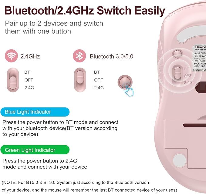 TECKNET Bluetooth Mouse (BT 5.0/3.0+2.4Ghz), 6-Level 4000 DPI Wireless Mice for Laptop, 2-in-1 Ergonomic Computer Portable PC Mouse, Silent Mouse with USB Receiver for Windows/Mac/PC/Notebook-Pink