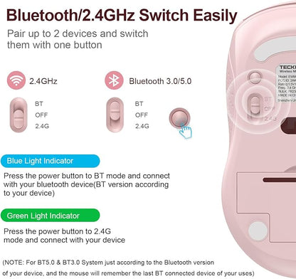TECKNET Bluetooth Mouse (BT 5.0/3.0+2.4Ghz), 6-Level 4000 DPI Wireless Mice for Laptop, 2-in-1 Ergonomic Computer Portable PC Mouse, Silent Mouse with USB Receiver for Windows/Mac/PC/Notebook-Pink