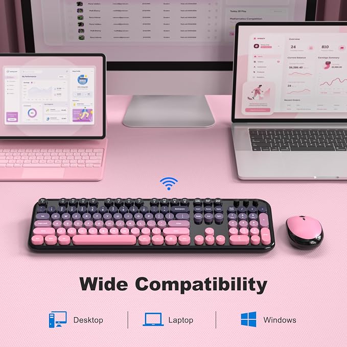 Wireless Keyboard Mouse Combo - Lovely CherryPink-Gradient Rainbow Full-Sized Typewriter Colorful Keyboards, Round Keycap Plug Play Retro Cute Keyboards for Windows, Laptop, PC, Desktop, Computer