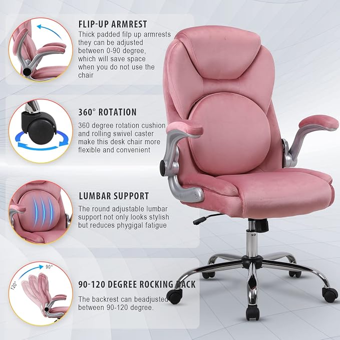 Lumbar Support Executive Office Chair, Ergonomic Velvet Desk Chair, High Back Office Chairs with Wheels Flip up Armrs, Back Support Home Computer Chairs for Women, 90°-120° Rocking (Pink)
