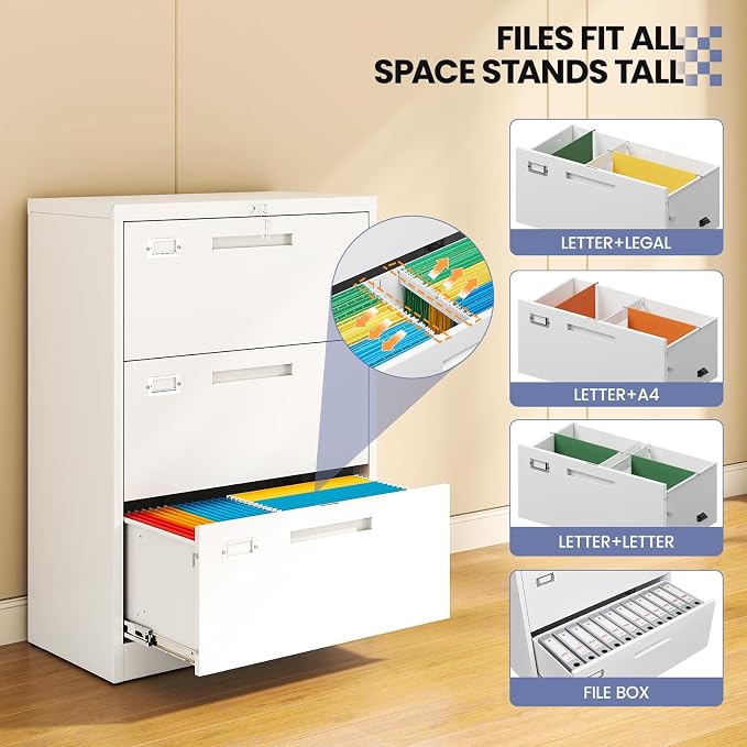 Metal Lateral 3 Drawer File Cabinet, Wide Filing Cabinet with Lock for Home Office Organization Hanging Files Letter/Legal/F4/A4 Size (White, Assembly Required)