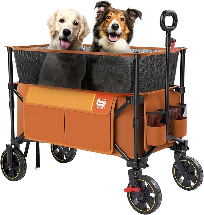 Timber Ridge Collapsible Folding Wagon 350L Extra Large with Brake, Heavy Duty Camping Utility Cart Outdoor, Extended Height Adjustable Handle, Cup Holders, Side Bag, Orange