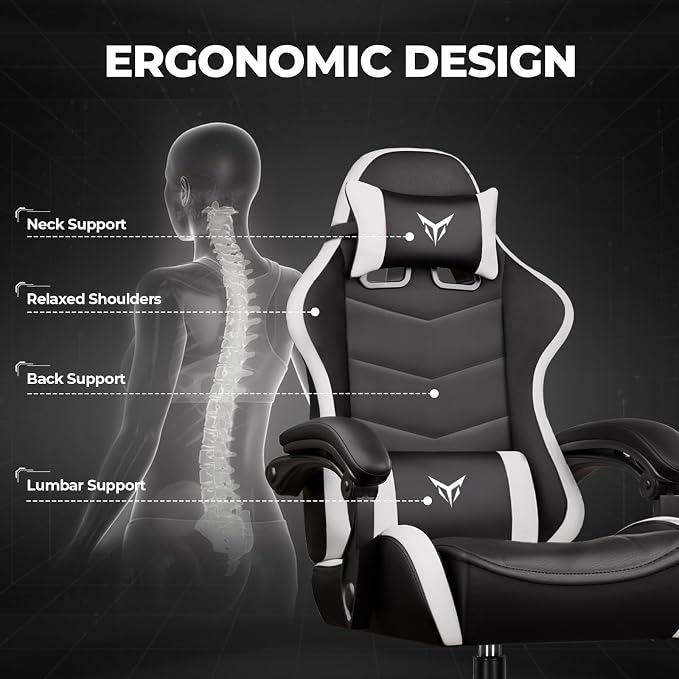 GTPLAYER Gaming Chair for Adults, Big and Tall 300LBS Heavy Duty Office Chair, Ergonomic High Back Lumbar Support and Wide Comfy Cushion with Linkage Armrests for Home Office, White