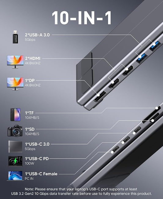 USB C Laptop Docking Station Stand 3 Monitors 4K@60Hz, 10 in 1 USB C Hub with Dual HDMI+DP, 2*USB 3.0, PD 100W, USB C 3.0, SD/TF, Dock Station for MacBook Pro/Air/Dell/HP/Surface/Lenovo