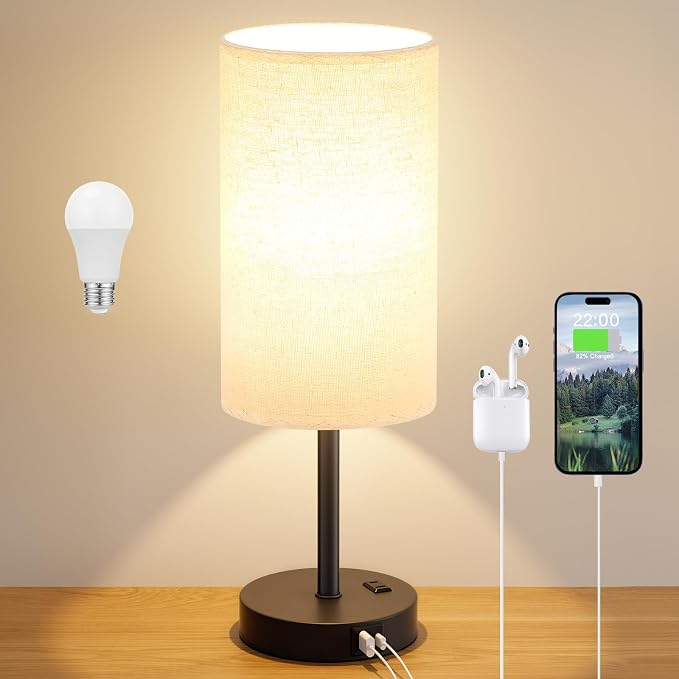 Dicoool Tall Touch Bedside Table Lamp with USB - 3 Way Dimmable Black Lamps for Bedroom Nightstand, Desk Lamp with Black Charging Station for Dorm, Office, Kids Room