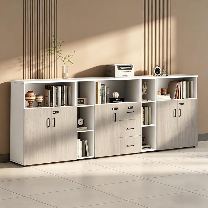 File Cabinet with Password Lock, Wood Lateral Filing Cabinet for Letter/A4 Files, 3 Drawer with Door, Printer Stand with Open Shelves for Home Office
