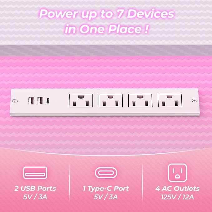 Huuger L Shaped Gaming Desk with Power Outlets & LED Lights, Computer Desk with Monitor Shelves, Carbon Fiber Surface, Home Office Desk, Corner Gaming Desk with Hooks, Carbon Fiber Pink
