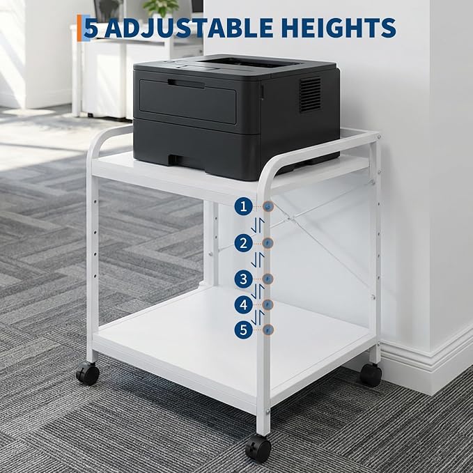2 Tier Large Printer Stand, 20 Inches Deep Under Desk Printer Table with Height Adjustable Shelf, Rolling Printer Cart with Wheels for Home Office Storage - White