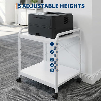 2 Tier Large Printer Stand, 20 Inches Deep Under Desk Printer Table with Height Adjustable Shelf, Rolling Printer Cart with Wheels for Home Office Storage - White