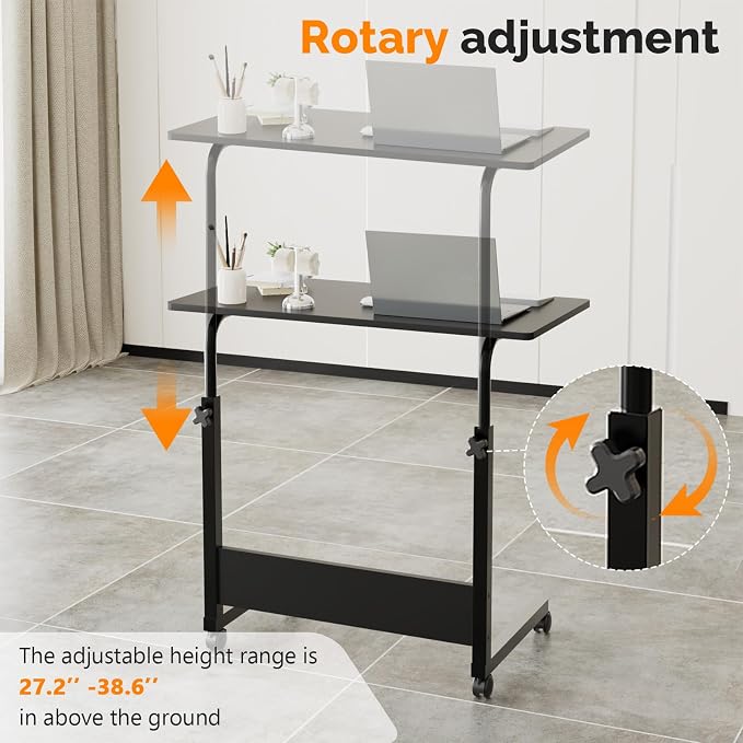 VINGLI Portable Computer Workstation, Standing Desk Adjustable Height, Small Computer Desk w/Rolling, Sit Stand Laptop Desk TV Tray for Bed Sofa Hospital Reading Eating, Black, 31.5"