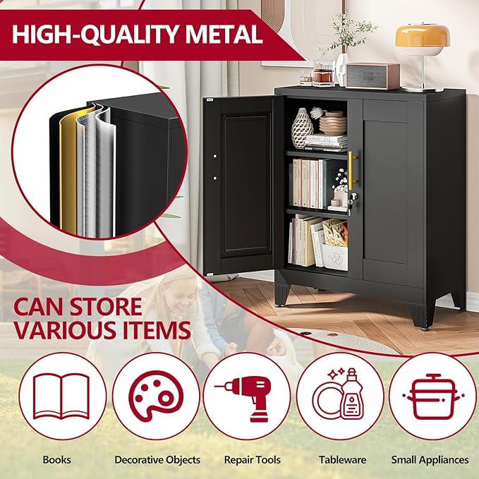 Black Metal Storage Cabinet, 36" Steel Locker Cabinets for Home Office, Locking Storage with Doors and 2 Adjustable Shelves, Utility Cabinet, for Office, Home, Garage, School