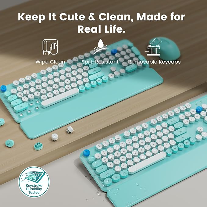 Wireless Keyboard and Mouse Combo with Magnetic Wrist Rest, Round Keycaps, Full-Size Retro Typewriter-Style Keyboard, Two-Stage Tilt Legs, Auto-Sleep, 2.4GHz Wireless for Windows PC Laptop, Aqua Blue