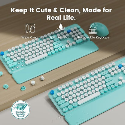 Wireless Keyboard and Mouse Combo with Magnetic Wrist Rest, Round Keycaps, Full-Size Retro Typewriter-Style Keyboard, Two-Stage Tilt Legs, Auto-Sleep, 2.4GHz Wireless for Windows PC Laptop, Aqua Blue