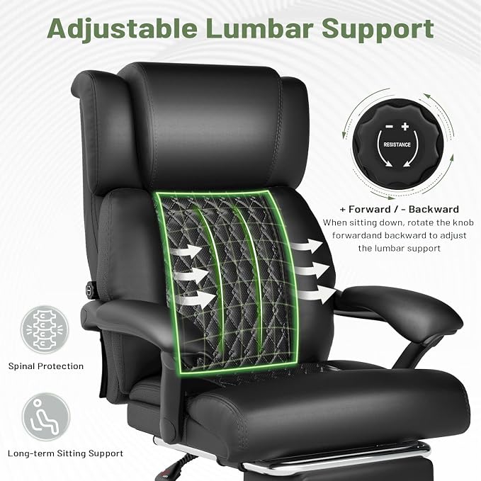 HOMREST Big and Tall Office Chair, 500lbs Heavy Duty Chair with Adjustable Lumbar Support & Backrest, Ergonomic Executive Leather Office Chair with Wide Armrests and Wheels, Black