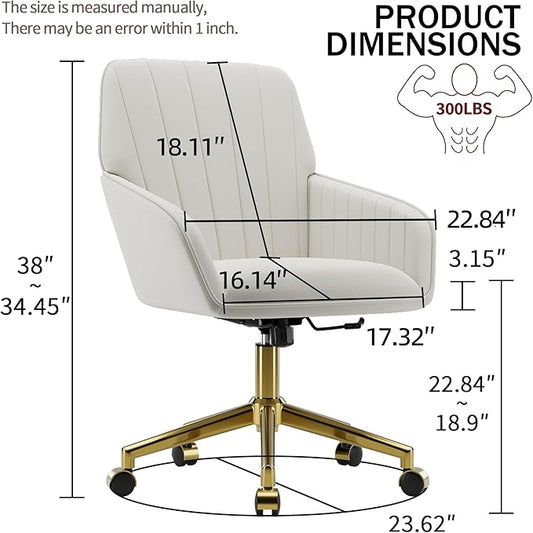 YISHENG Velvet Home Office Chair with Gold Base Upholstered Tufted Modern Height Adjustable 360 Degree Swivel Desk Chair with Wheels, Vanity Chairs for Living Room, Bedroom,Study Room (Cream)