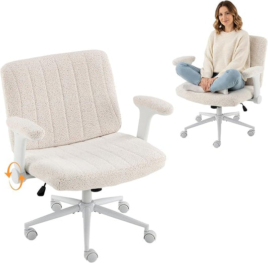 VINGLI Criss Cross Chair with Adjustable Flip-Up Arms,Cross Legged Chair with Wheels,Extra Wide Office Chair,Desk Chair for Home Office,Vanity,Bedroom, Apartment,Starry Chenille,White