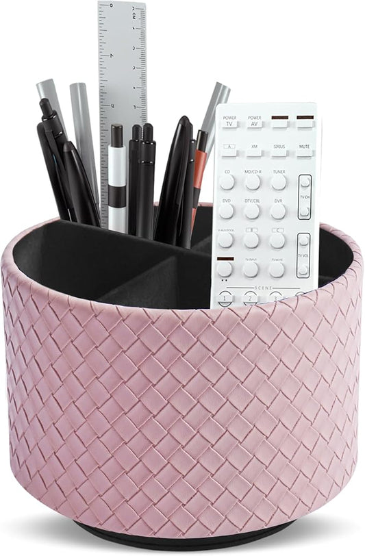 Round Leather Art Supply Organizer,Remote Control Holder,360 Degree Spinning,Multi-Functional Pencil Holder,4 Compartments Desktop Stationary Organizer(1-Weave Purple)