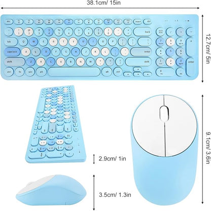 Wireless Keyboard and Mouse Combo, Retro Typewriter Keyboard with Round Keycaps, 2.4GHz USB Cute Wireless Keyboard Mouse for Computer, Desktop, Laptop (Blue Colorful)