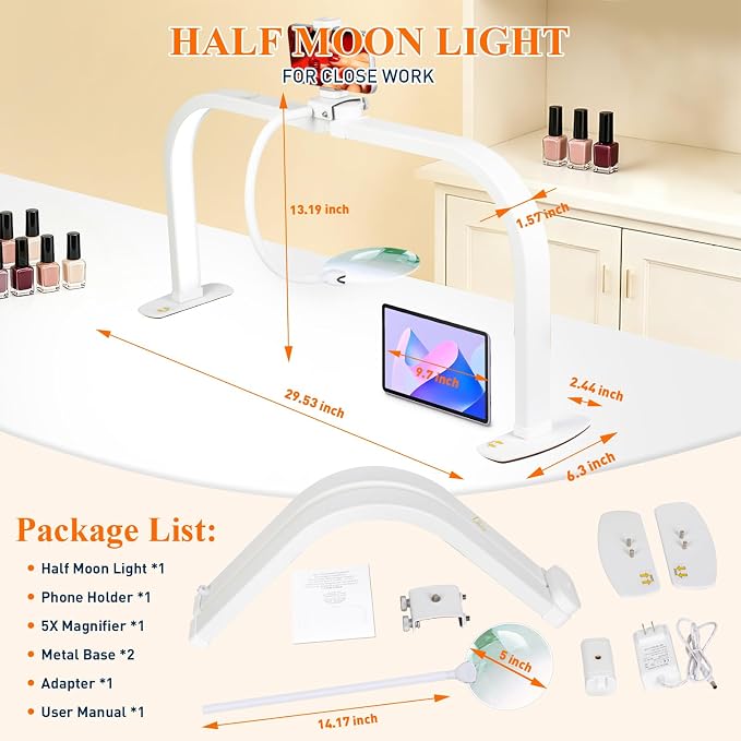 Half Moon Nail Desk Lamp with 5X Magnifier & Phone Holder, LED Arch Tech Light 30" Foldable for Manicure Eyelash Extensions Salon Craft Fingernail Art, 2700LM Multiple Brightness 3000-6000K