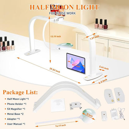Half Moon Nail Desk Lamp with 5X Magnifier & Phone Holder, LED Arch Tech Light 30" Foldable for Manicure Eyelash Extensions Salon Craft Fingernail Art, 2700LM Multiple Brightness 3000-6000K