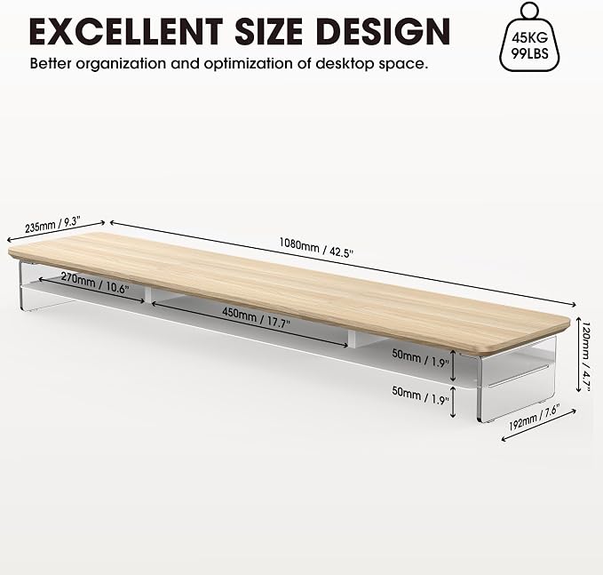 Fenge Acrylic Monitor Stand Riser, 42.5 Inches Dual Monitor Stand with Metal Storage, 2 Tier Acrylic Computer Riser for Desk, Clear Laptop Stand for PC, Laptop, Printer, TV, Oak