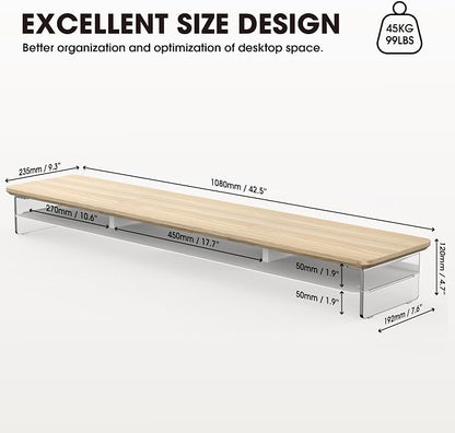 Fenge Acrylic Monitor Stand Riser, 42.5 Inches Dual Monitor Stand with Metal Storage, 2 Tier Acrylic Computer Riser for Desk, Clear Laptop Stand for PC, Laptop, Printer, TV, Oak
